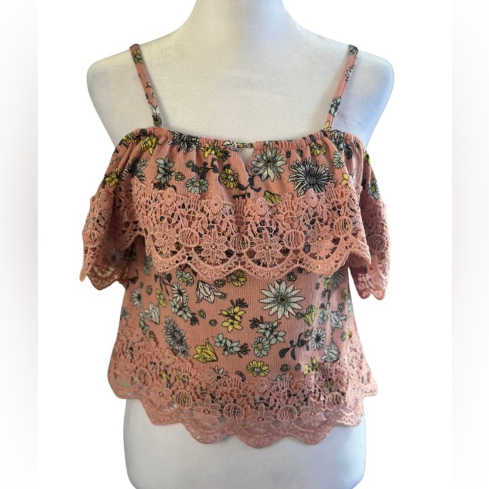 No Boundaries Pink Floral Lace Crochet Off Shoulder Top